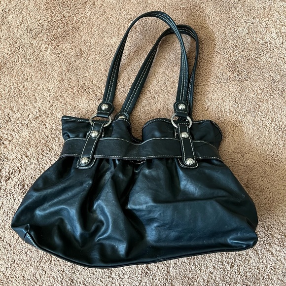 Black & Patchwork Bucket Style Handbag Metal Studs and Double Handles - Picture 3 of 6